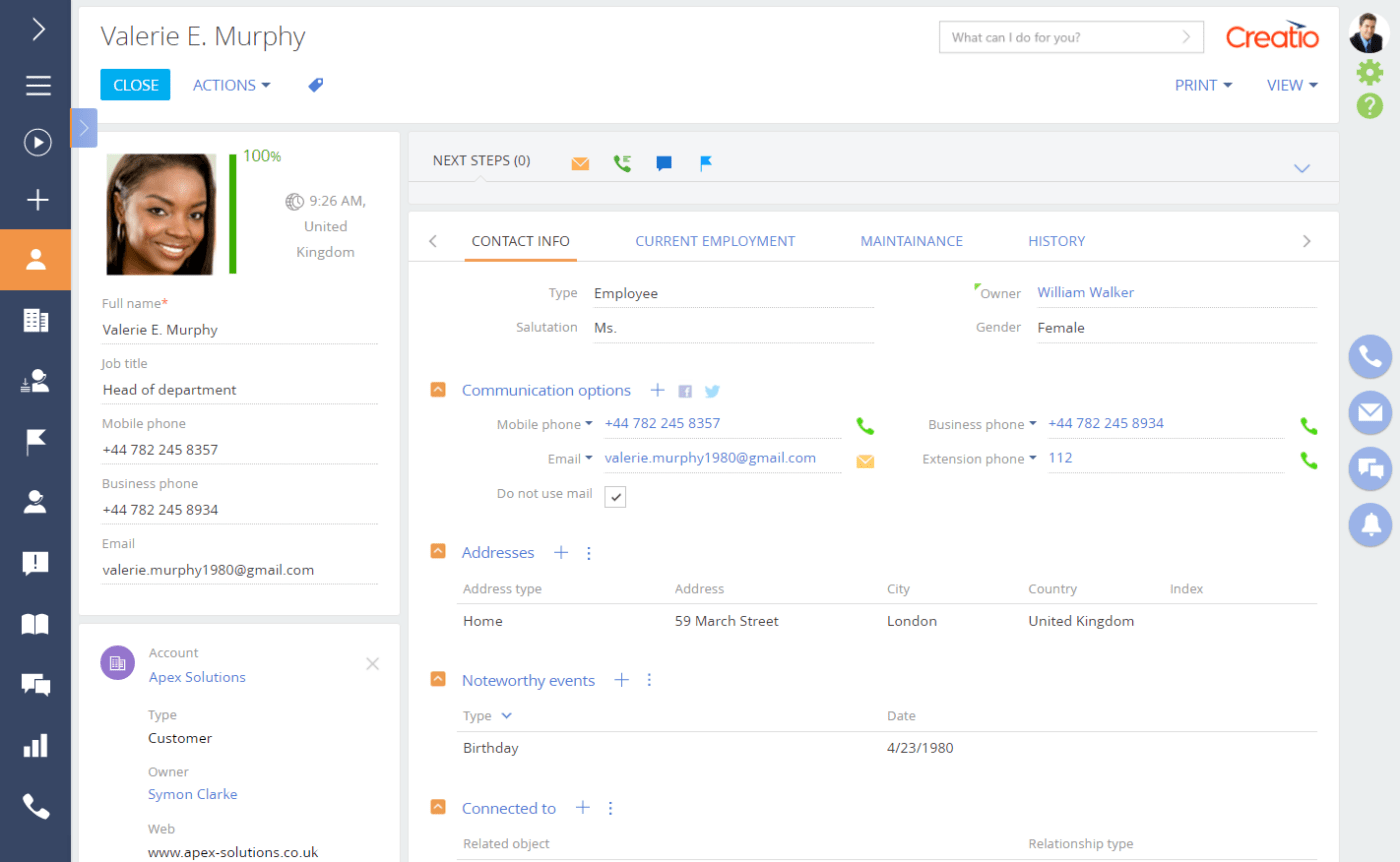 Example customer profile for use in marketing projects and sales through Creatio