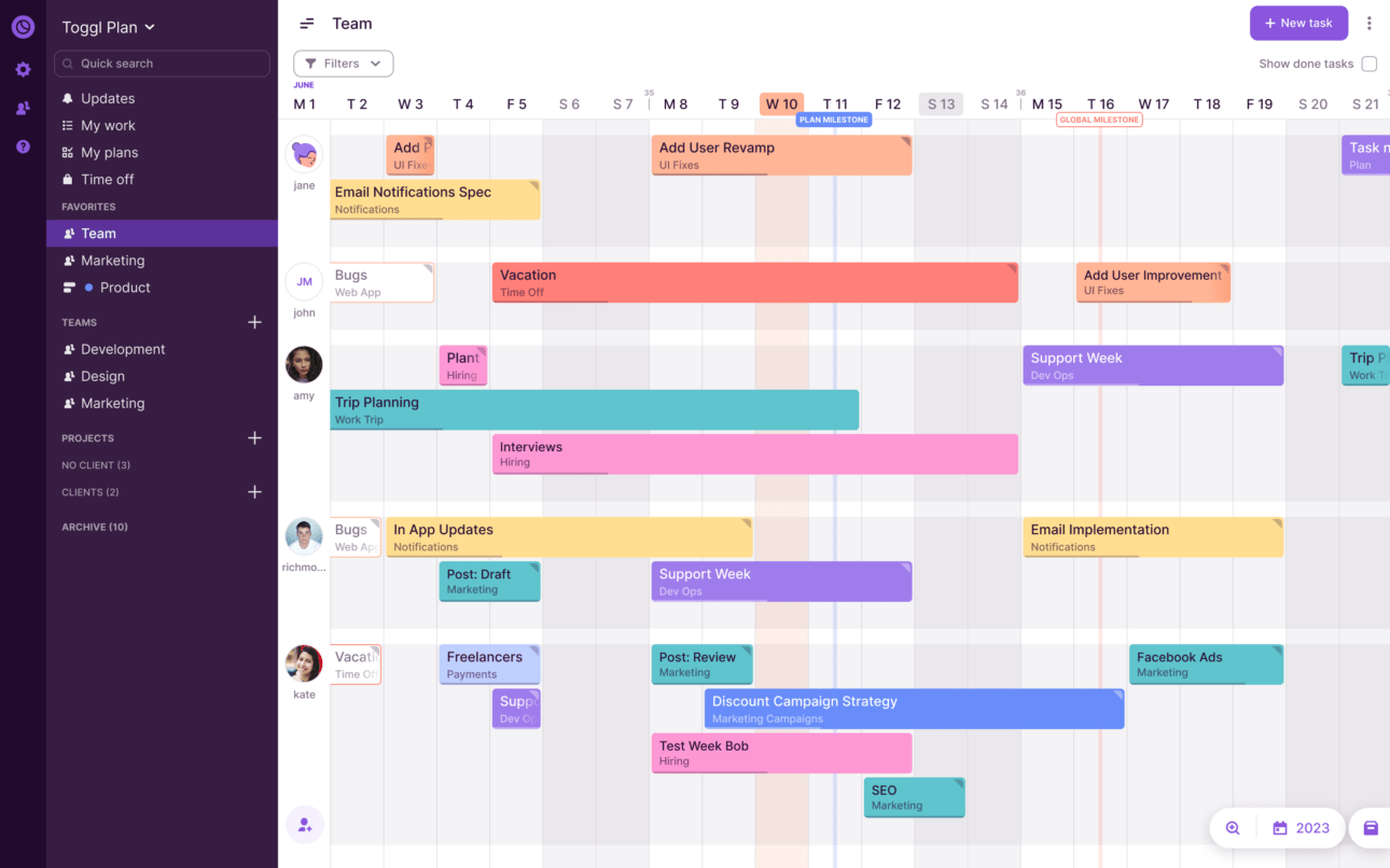 Example of a Gantt chart created in Toggl Plan