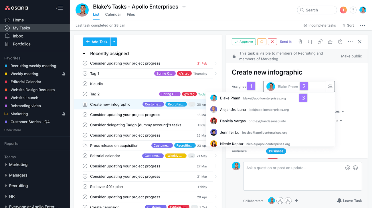 Example of a dashboard for marketing management and task completion in Asana