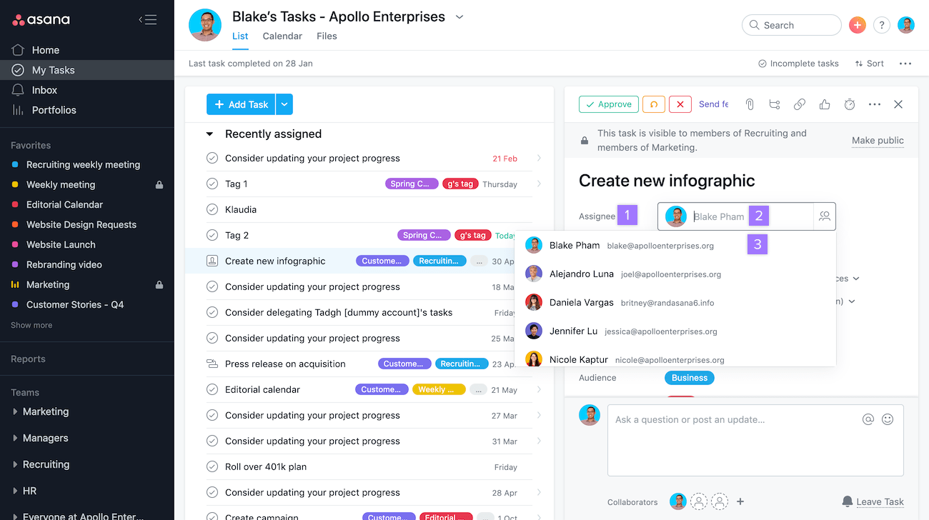 Ejemplo de panel de gestión de marketing y completado de tareas en Asana