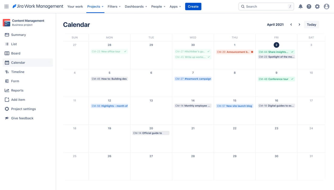 Example of a marketing content calendar in Jira