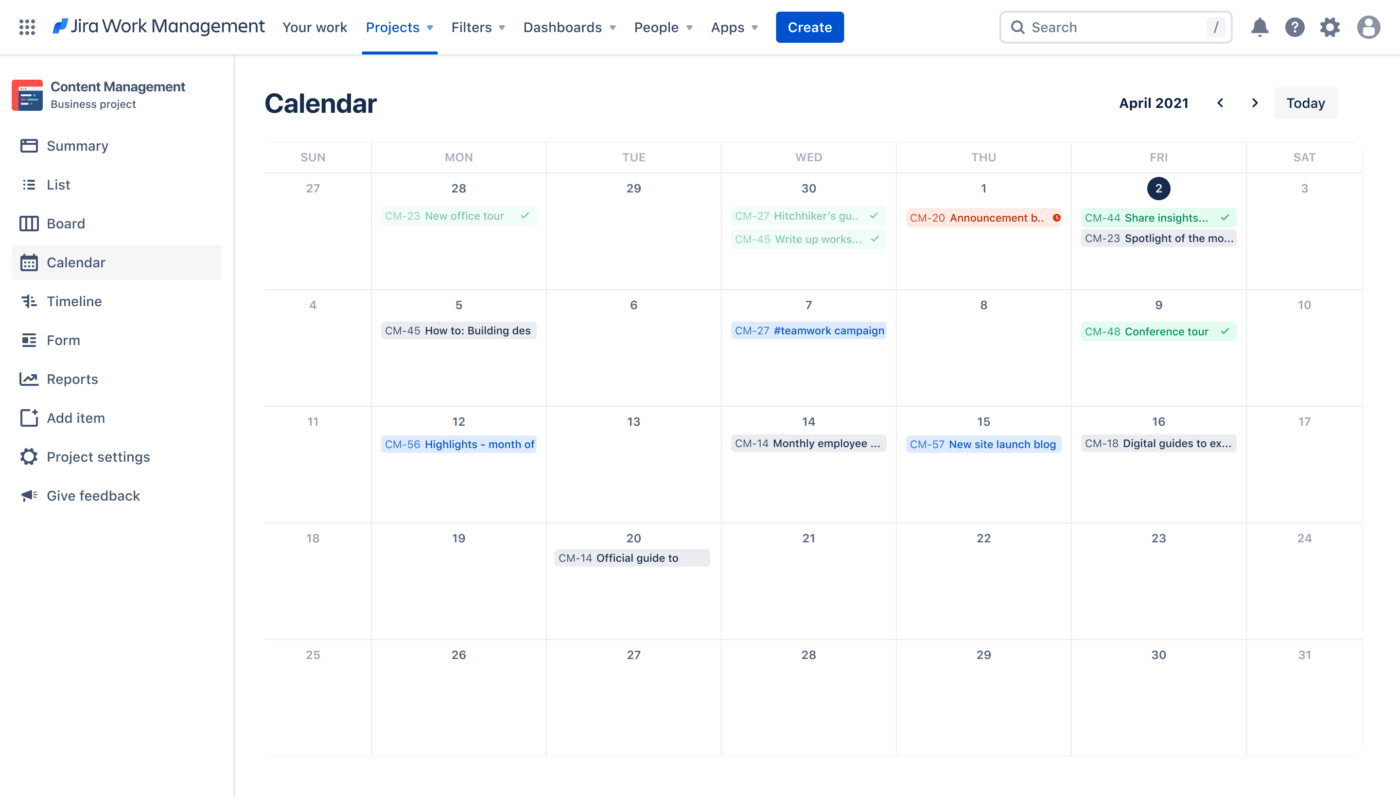 Exemplo de um calendário de conteúdo de marketing no Jira