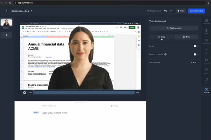 Example of creating an AI video in Synthesia