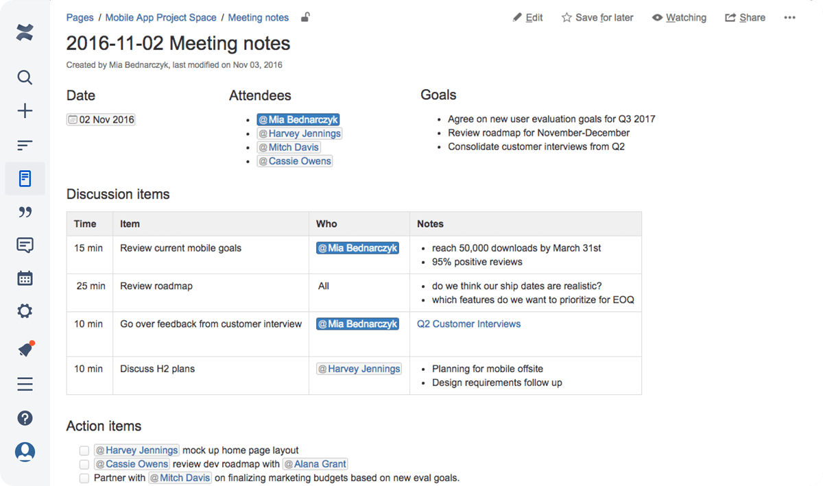Example of meeting notes and IT documentation in Confluence's IT documentation software