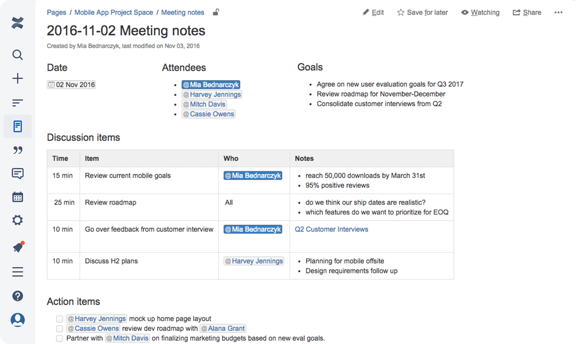 Quip alternatives: screenshot of a meeting plan in Atlassian Confluence