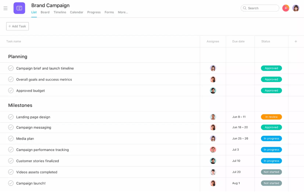 Example of using project management software and creating a brand campaign project map in Asana