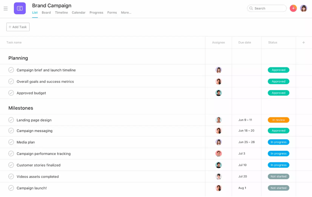 Exemplo de uso de software de gerenciamento de projetos e criação de um mapa de projeto de campanha de marca na Asana