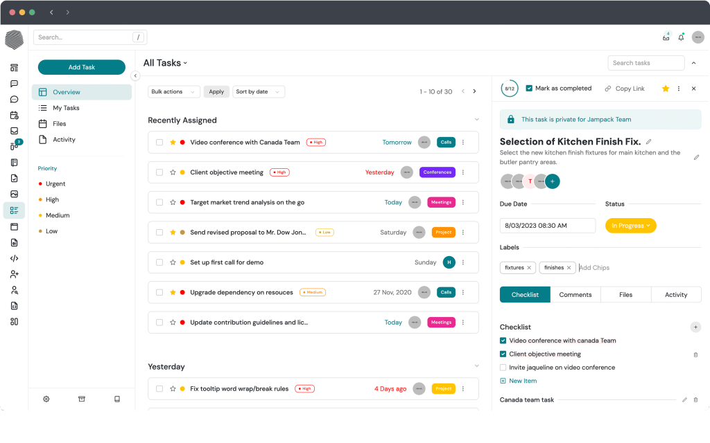 Example task list for interior designers in Indema's project management software