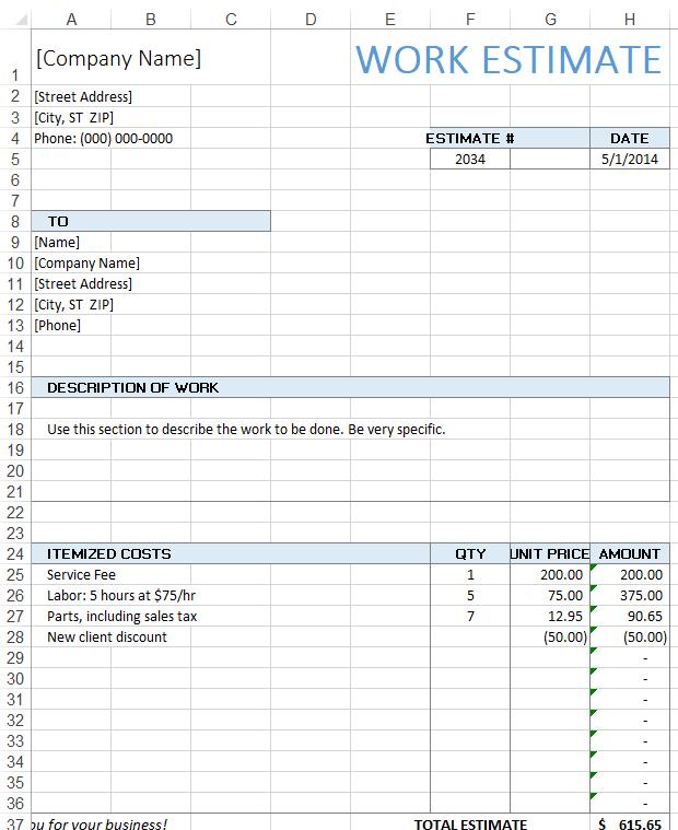 Excel Job Estimate Template by Vertex42