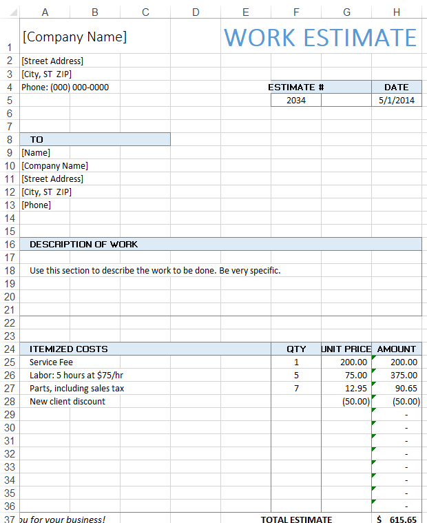 Modello di preventivo di lavoro in Excel di Vertex42