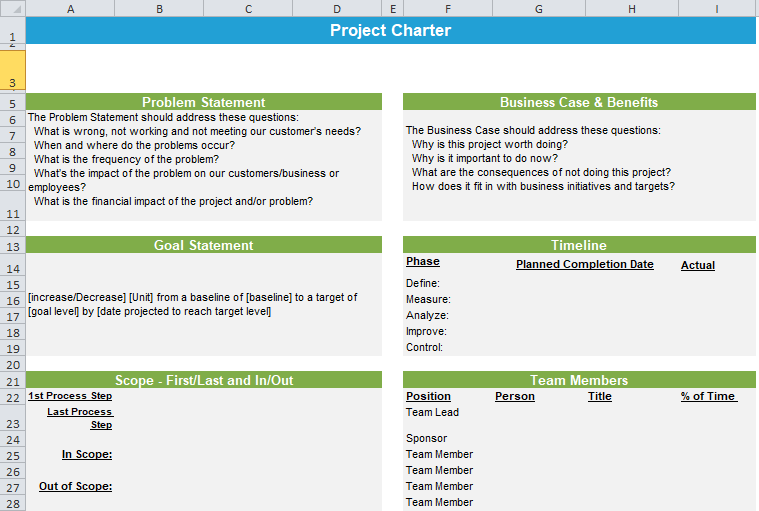 Excel Project Charter Template by GoLeanSixSigma