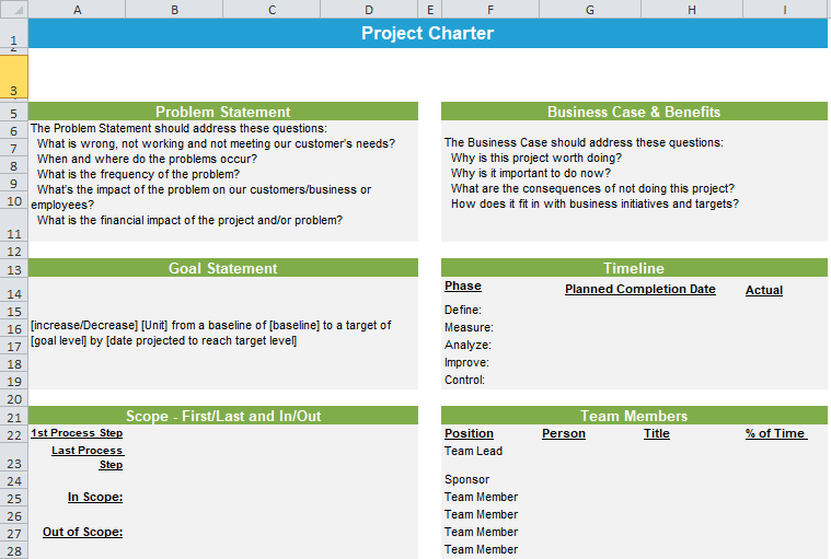 Modello di Carta del progetto Excel di GoLeanSixSigma