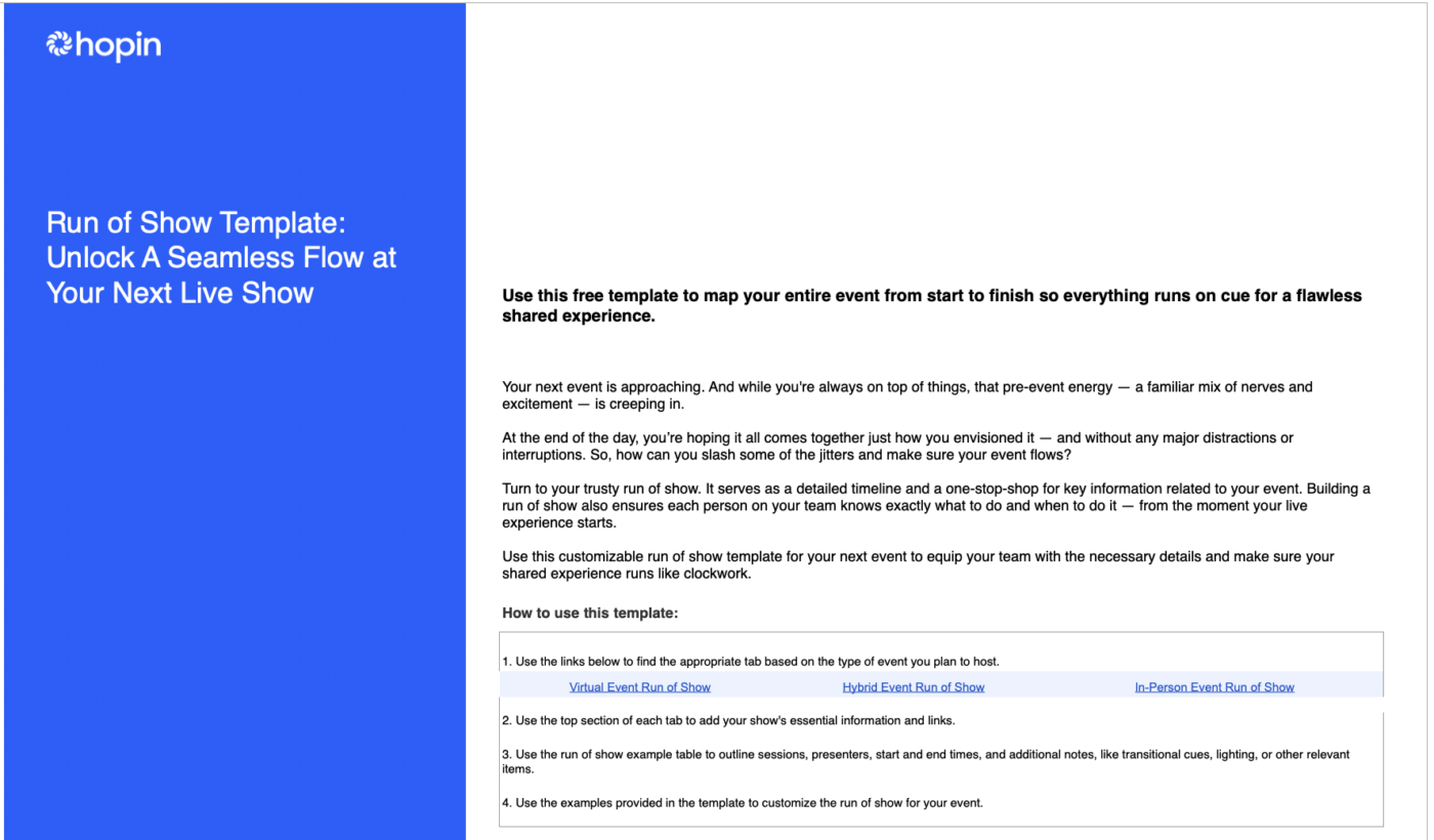 Screenshot of Excel Run of Show Template by HopinEvents