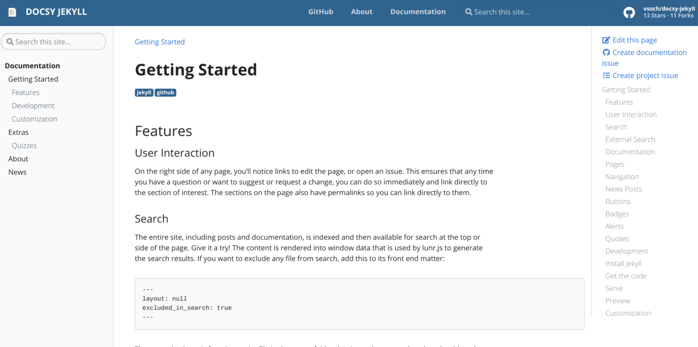 GitHubのDocsy Jekyllの機能ページ