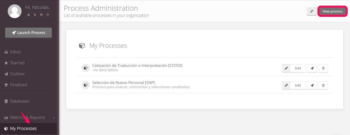 Software de automação de fluxo de trabalho: Página My Processes (Meus processos) do Flokzu