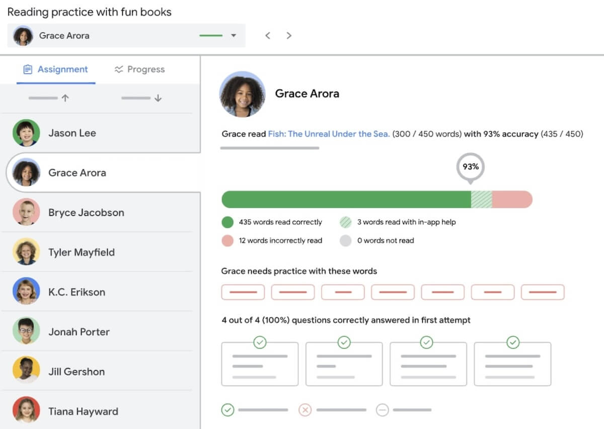 Collaboration tools for students: student's assignment result in Google Classroom