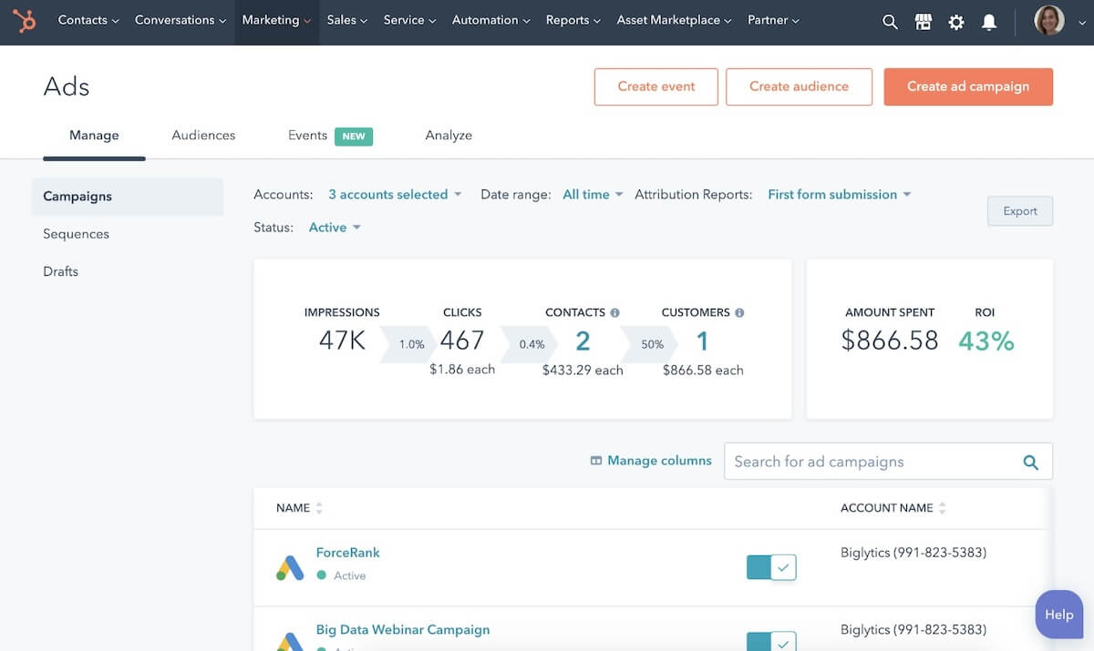 HubSpot's Campaigns page