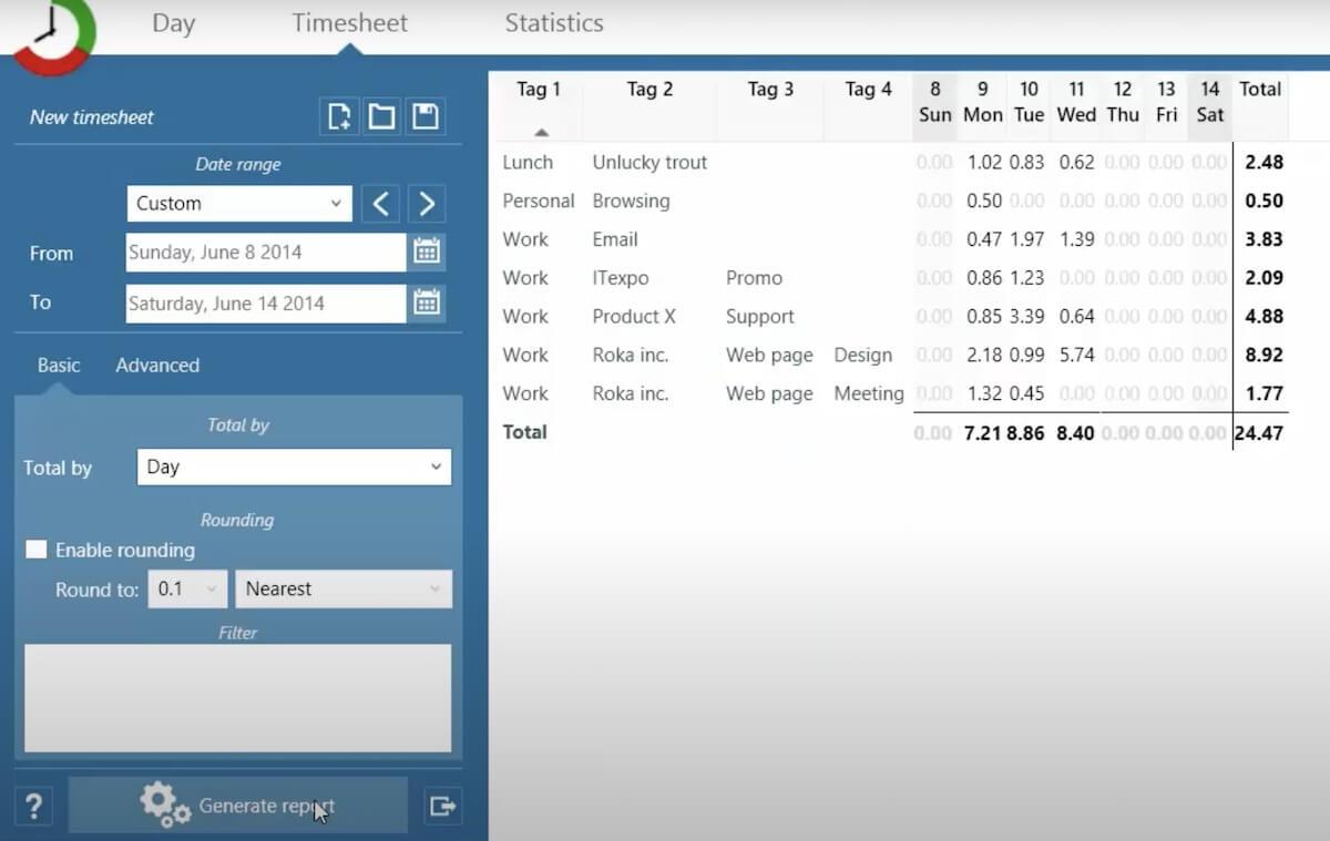 RescueTime Alternatives: ManicTime's Timesheet page