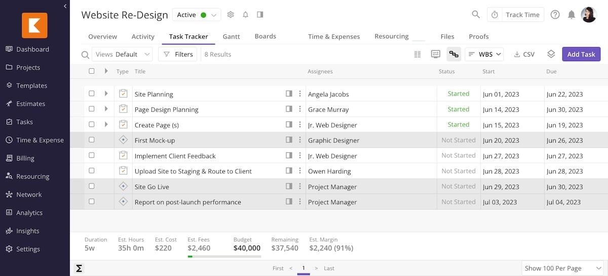 Kantata's Task Tracker Seite