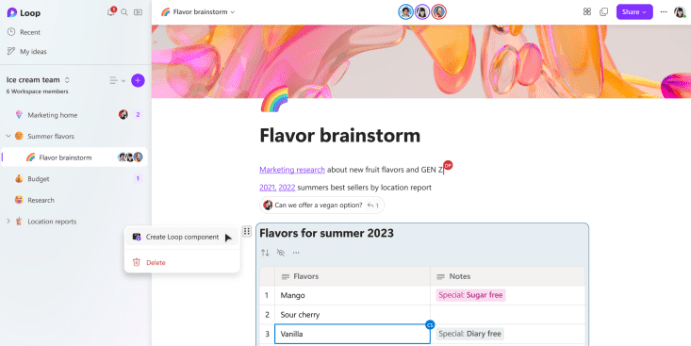 Microsoft Loop Brainstorming Screenshot showing how to communicate and edit in real time