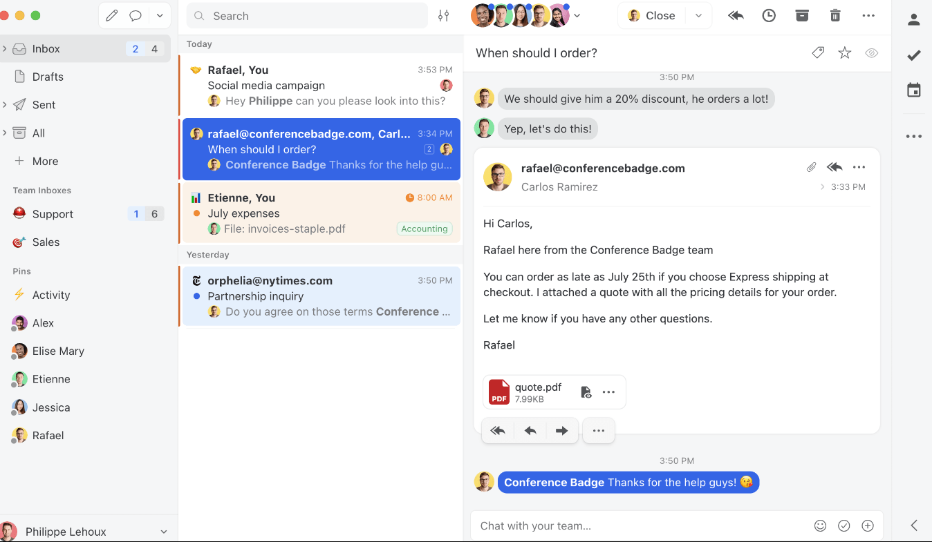 Shared inbox software: Missive's internal team chat room