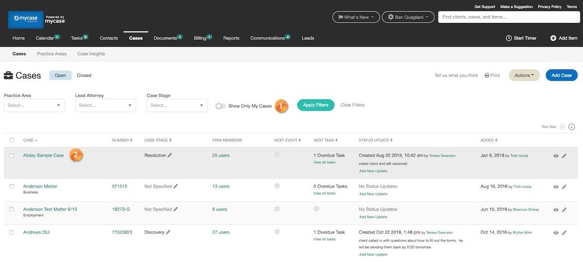 Software de flujo de trabajo jurídico: lista de casos en el sitio web de MyCase