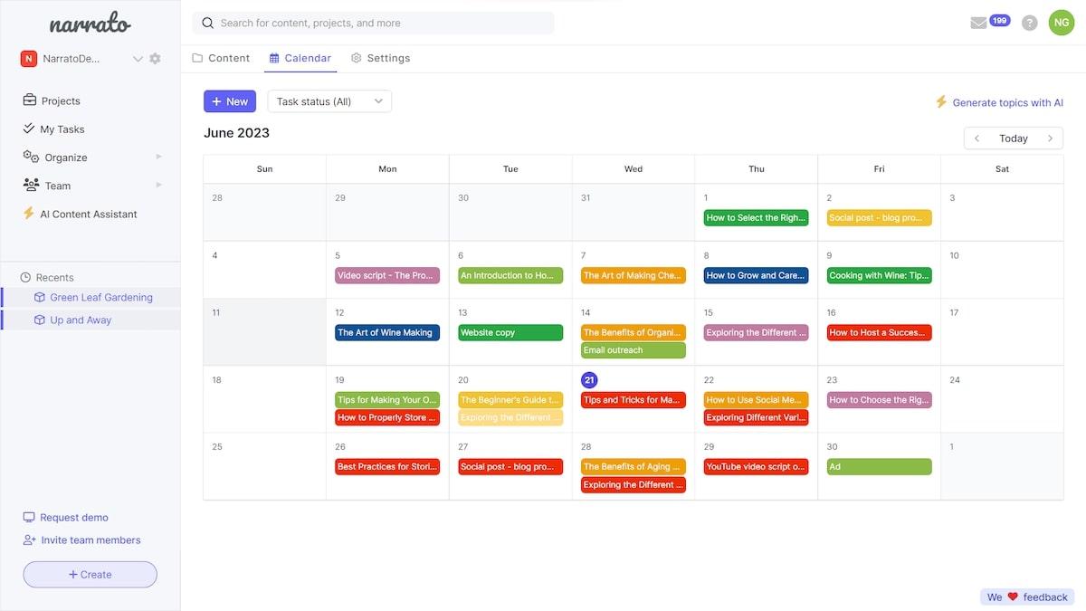 Content workflow software: screenshot of Narrato's calendar