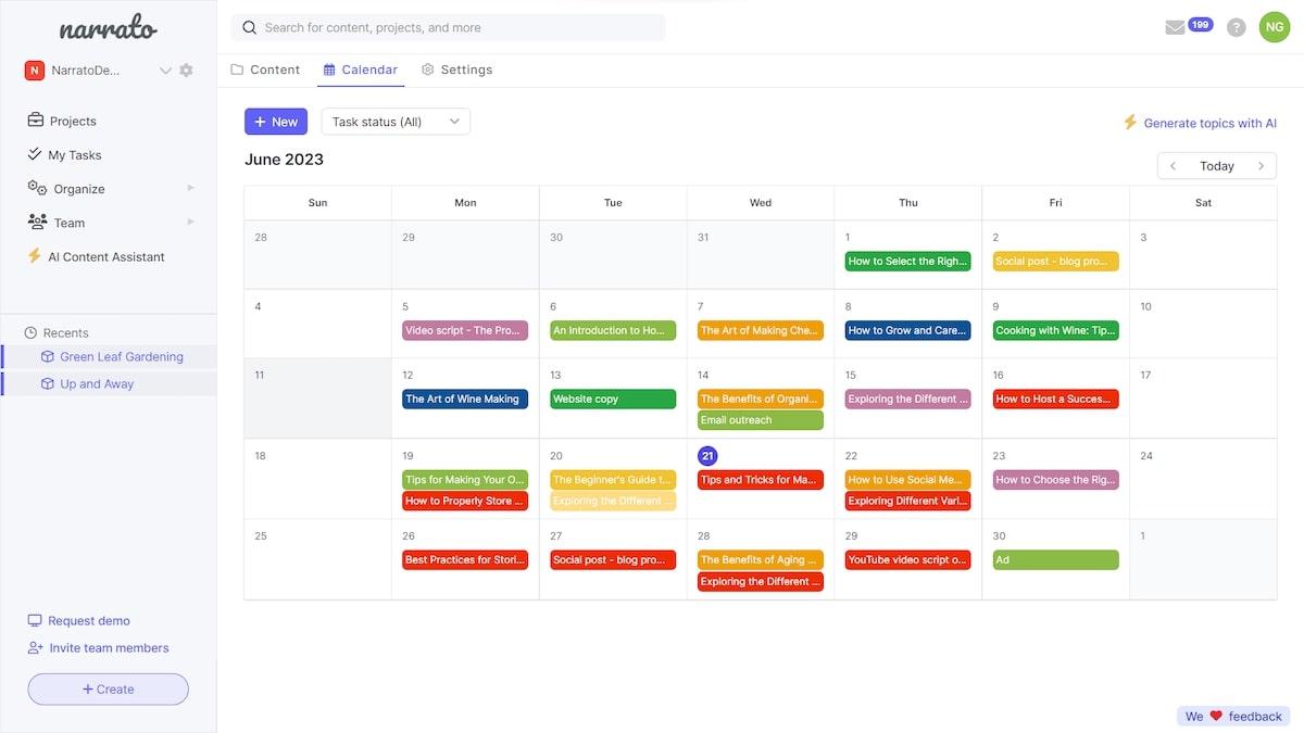 Software de flujo de trabajo de contenidos: captura de pantalla del calendario de Narrato