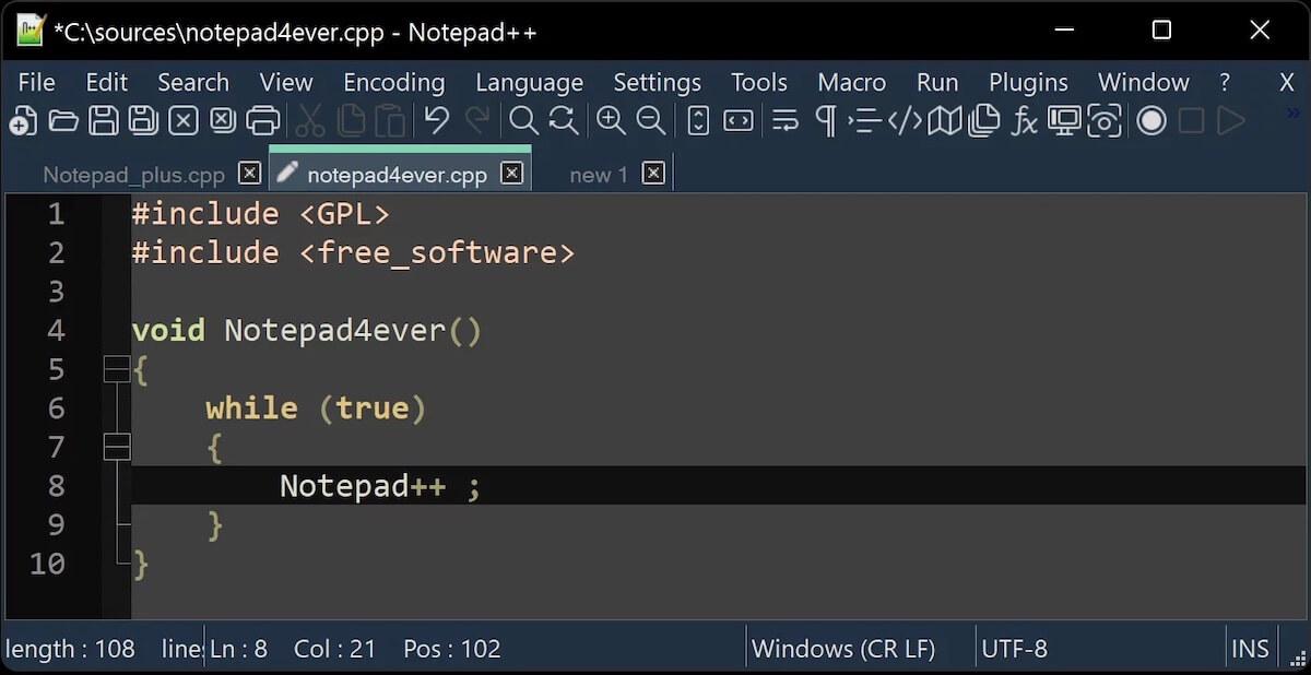 Notepad++ code editor view