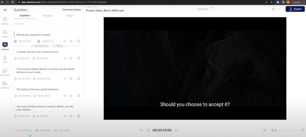 Screenshot of Nova A.I.'s subtitle editor