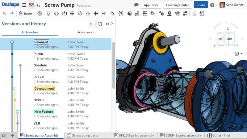 Product design tools: screenshot of Onshape’s Versions and history feature