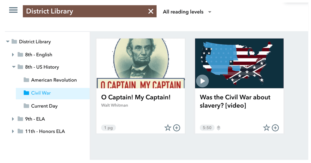 Organizing history reading material on Actively Learn