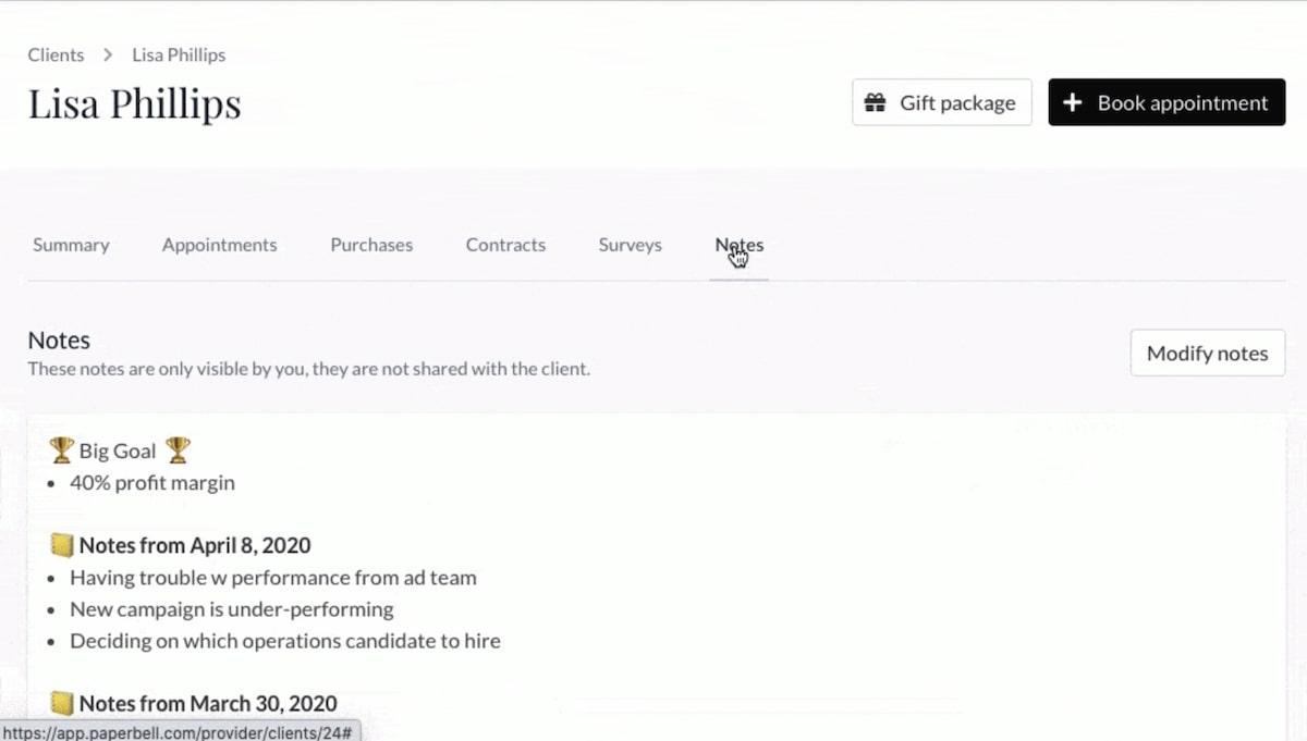 Client notes in Paperbell
