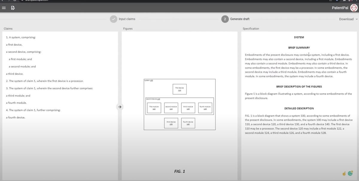 Example of a document created in PatentPal