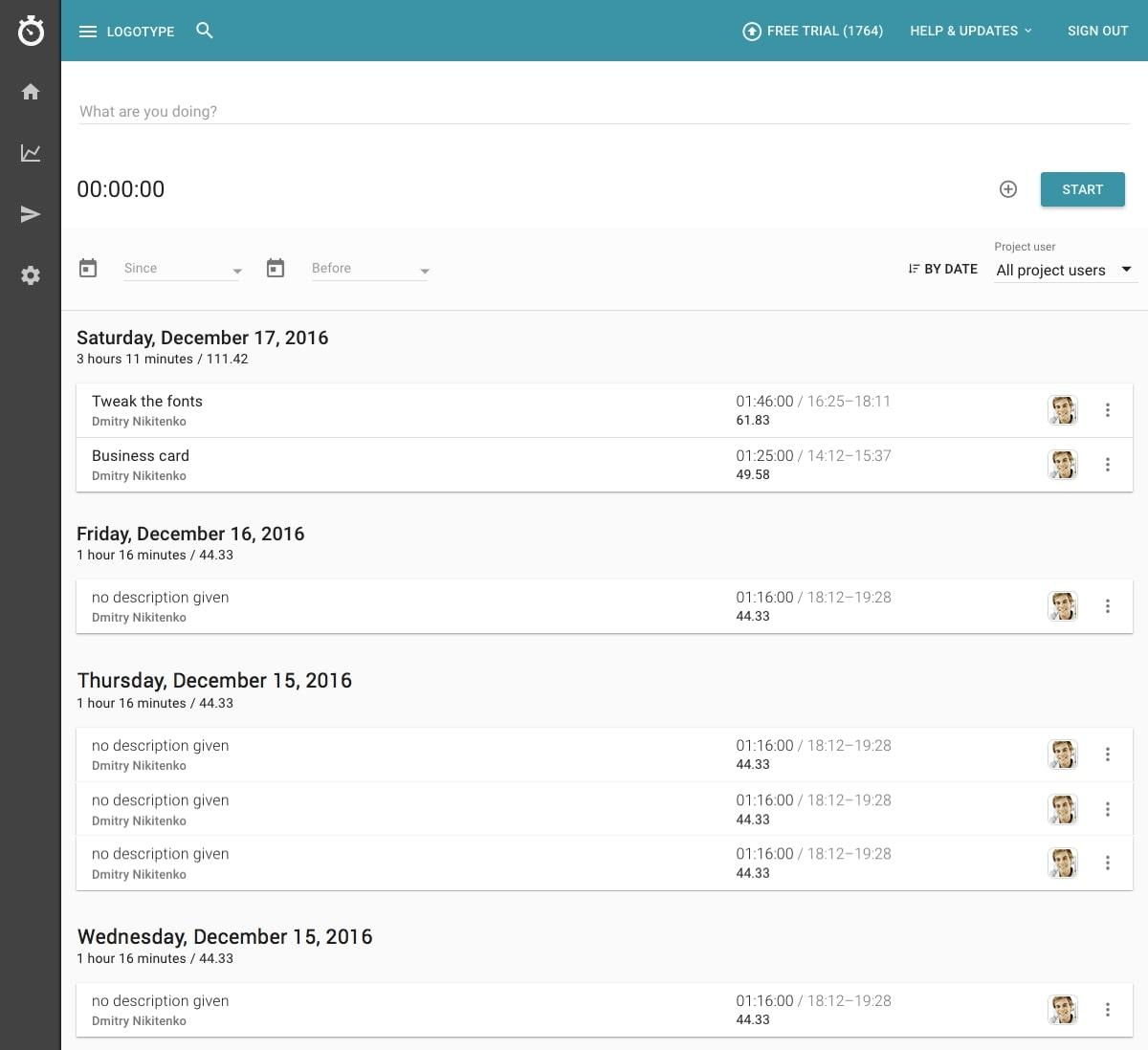 Suivi du temps de l'agence : capture d'écran des horaires de suivi du temps de Paydirt