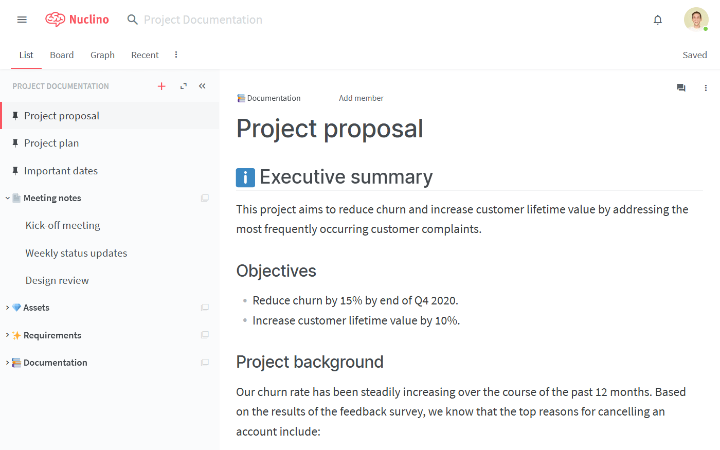 Sjablonen voor projectdocumentatie van Nuclino