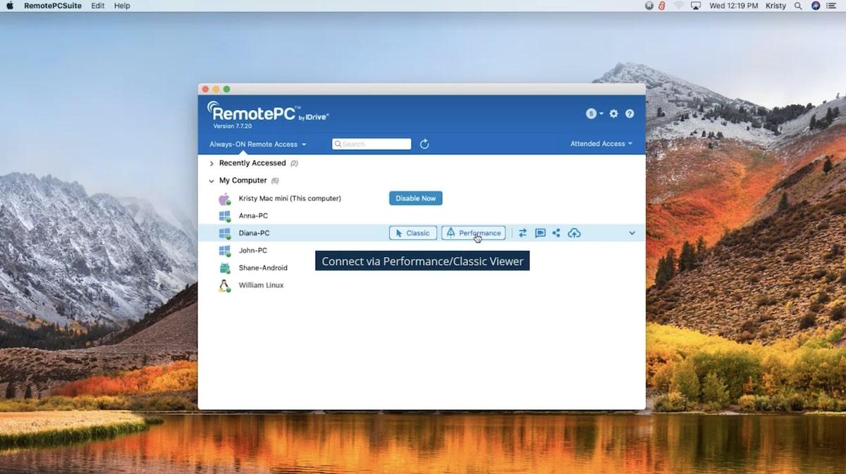 RemotePC's remote access view