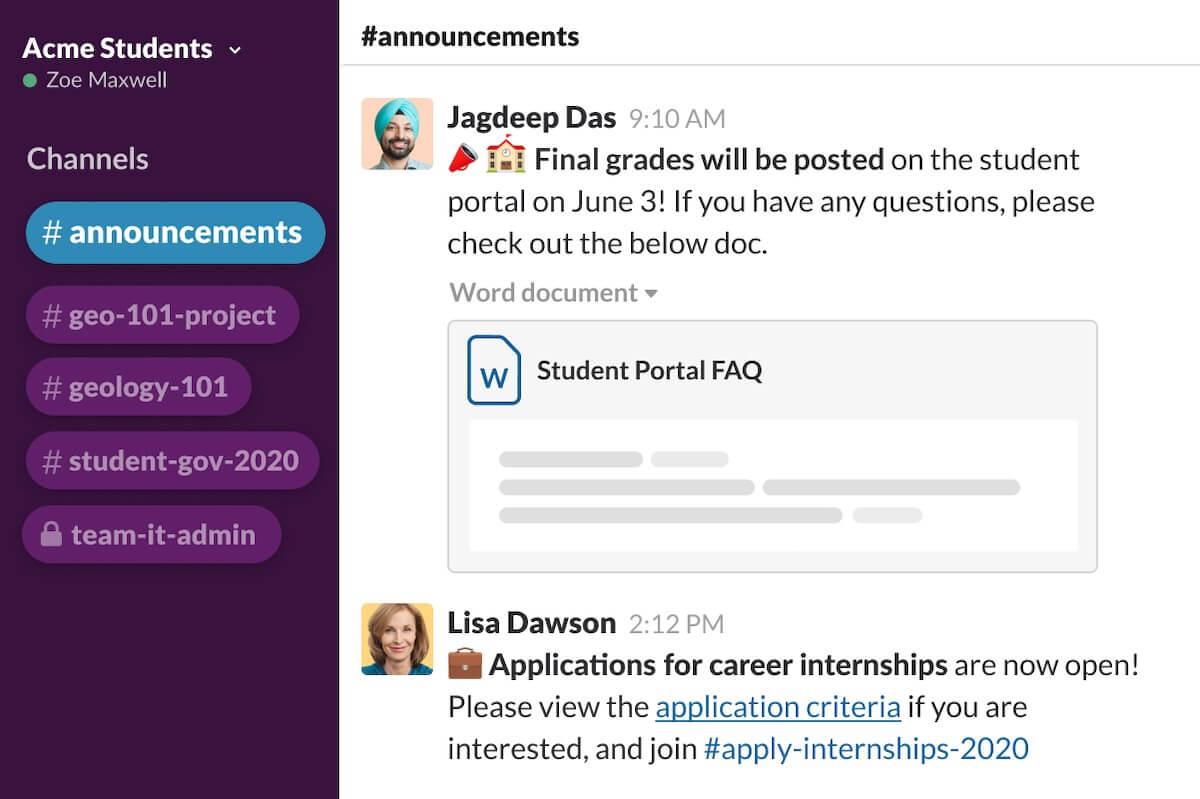 Outils de collaboration pour les étudiants : capture d'écran d'une boîte de discussion dans Slack