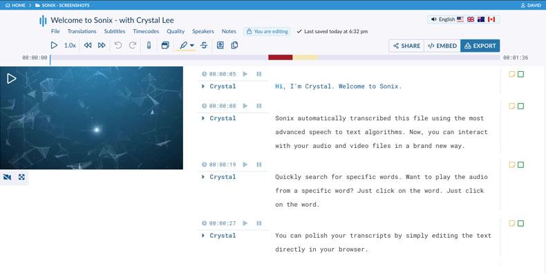 Narzędzia transkrypcji AI: przykład transkrypcji wykonanej przez Sonix