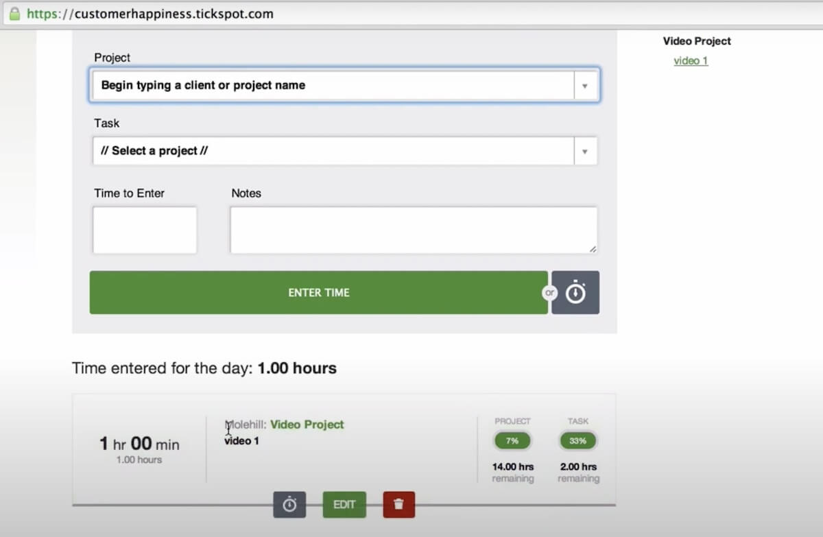 Time-tracking a project in Tick