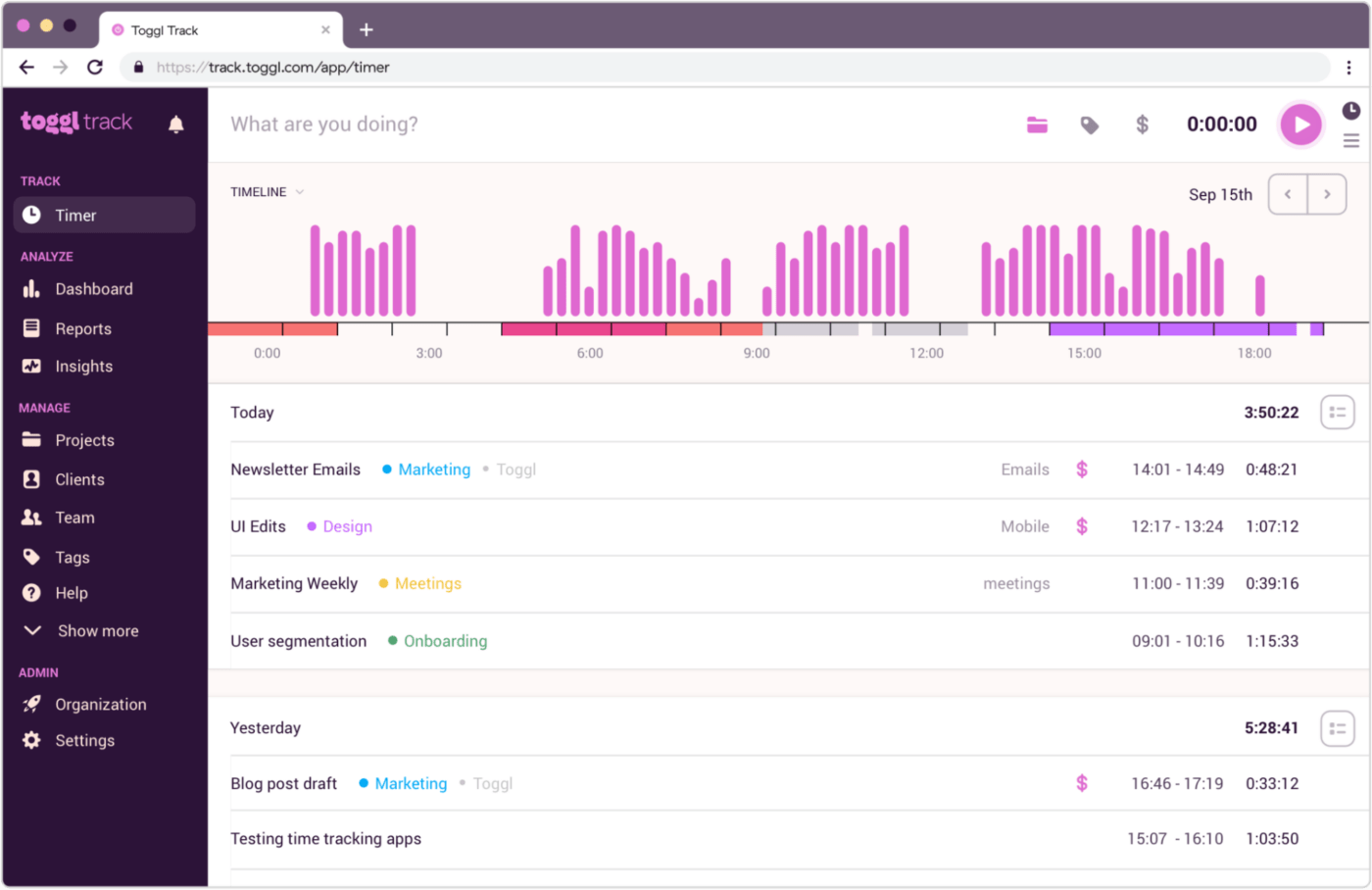 Togglのレビュー：Toggl Trackのタイマーページ