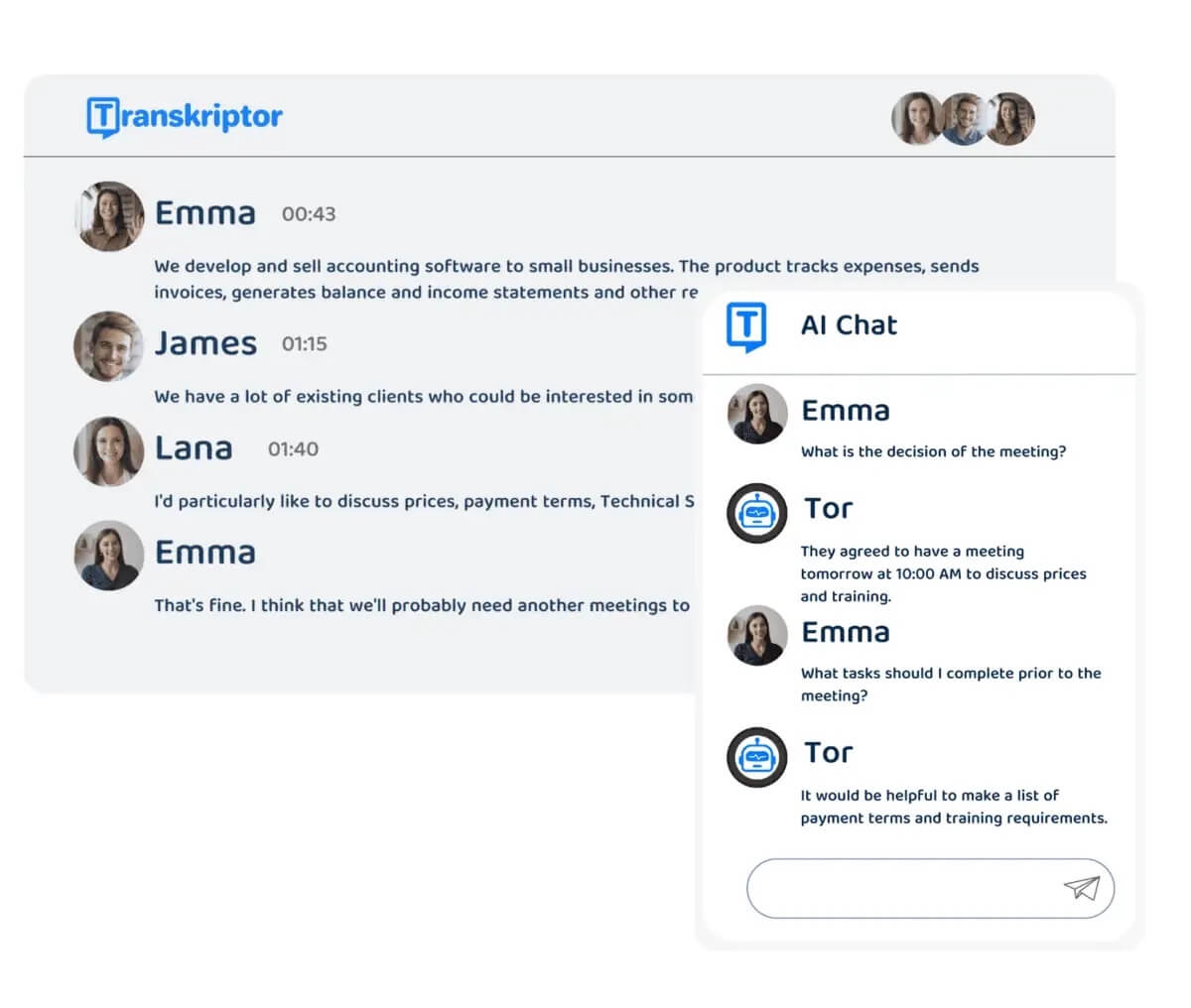 Screenshot of Transkriptor's AI chatbox