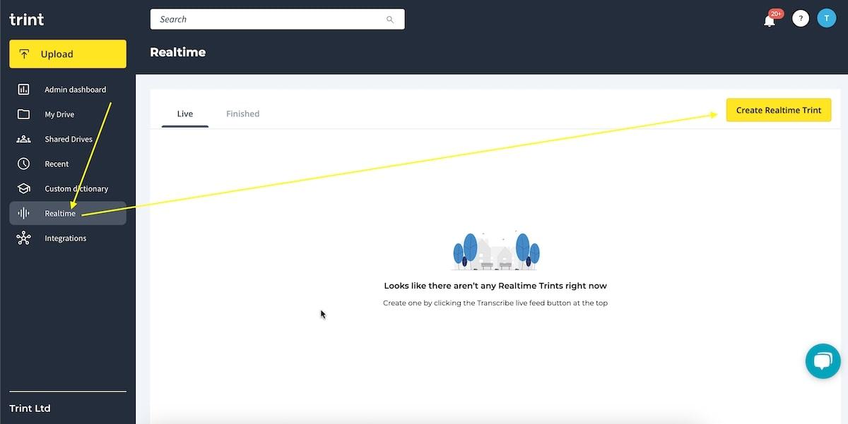 Herramientas de transcripción de IA: captura de pantalla de la herramienta Realtime de Trint