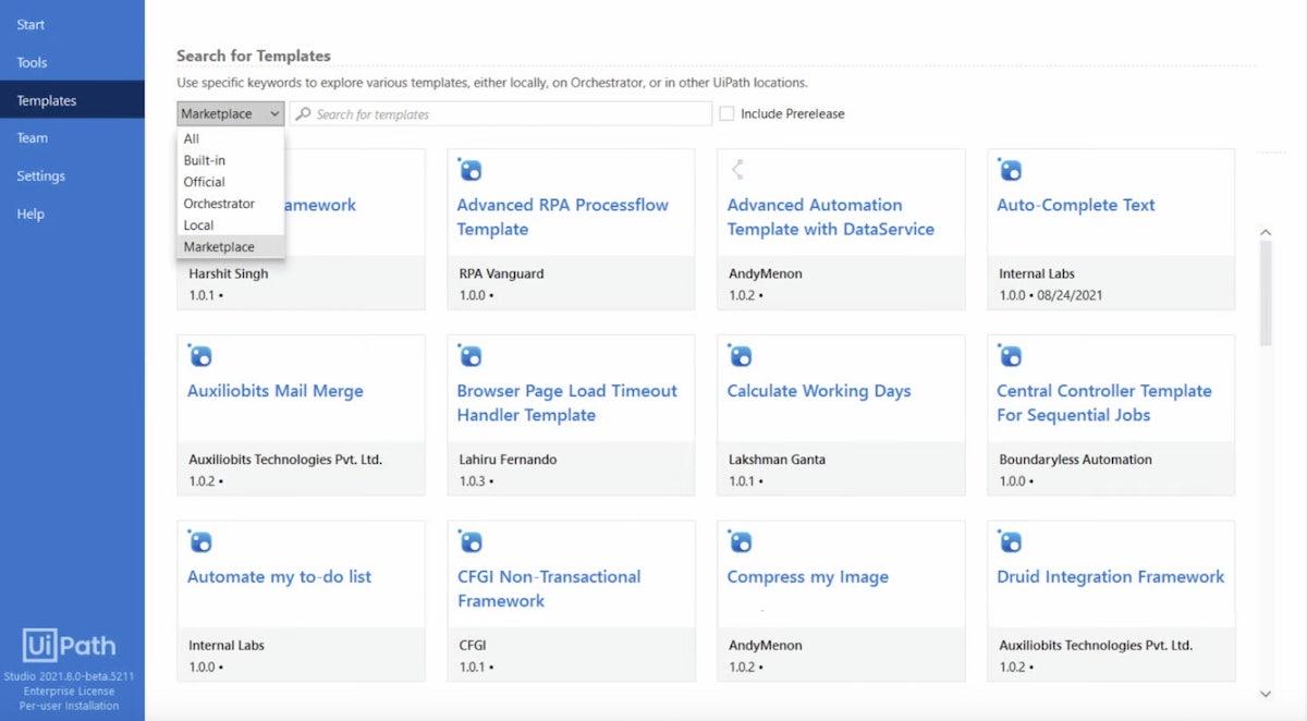 UiPath's Templates page