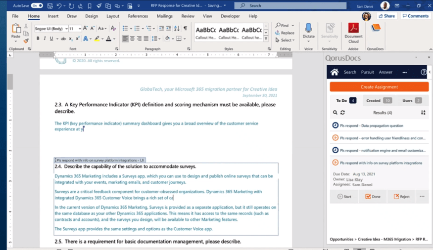 Usando as integrações do QorusDoc para colocar respostas de RFP em um documento