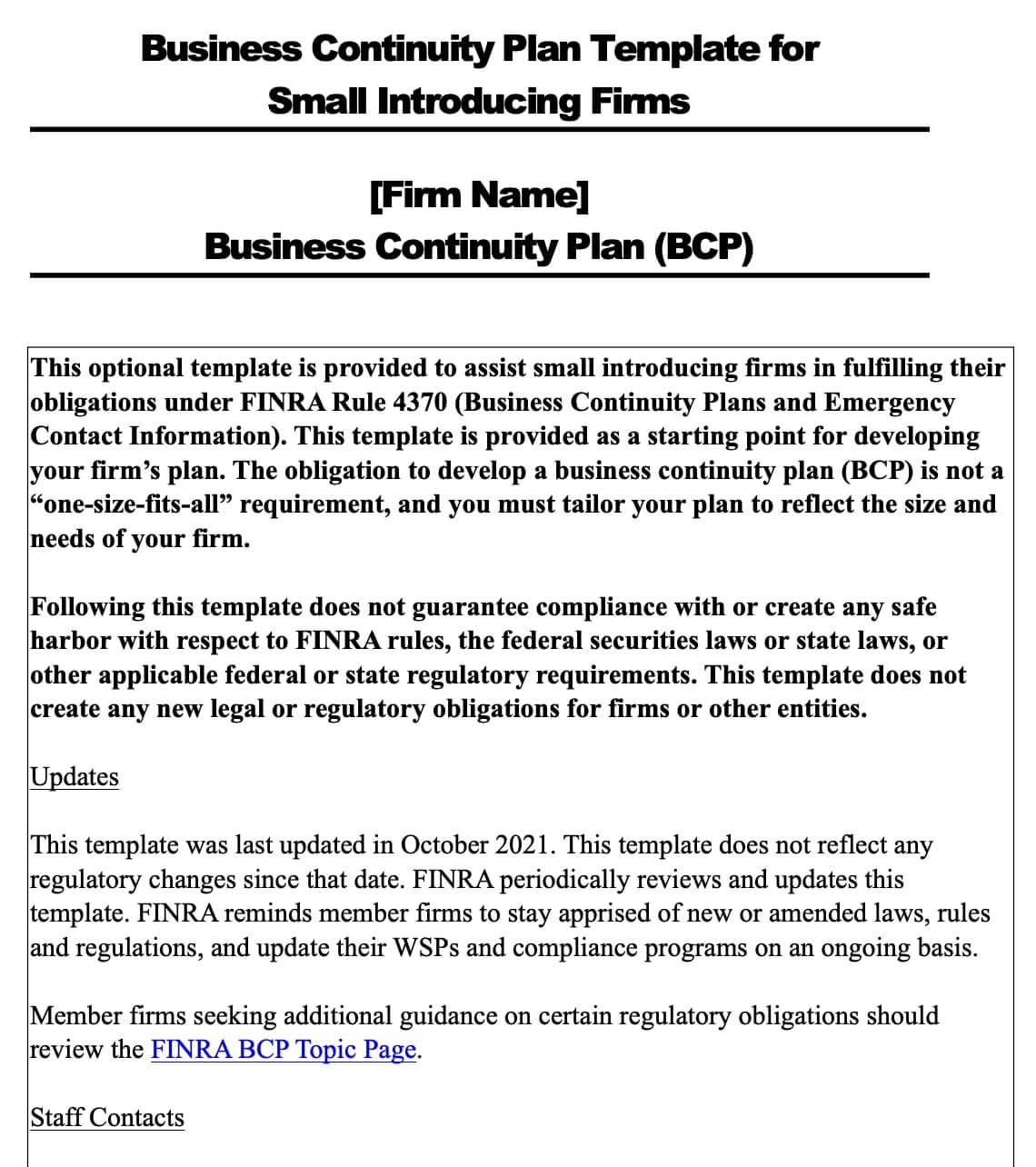 Word Small Firm Business Continuity Plan Template by FINRA.org