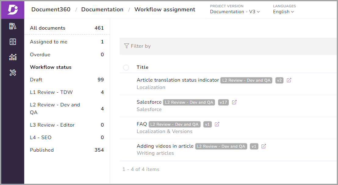 Workflow assignment capabilities from Document360's IT documentation software