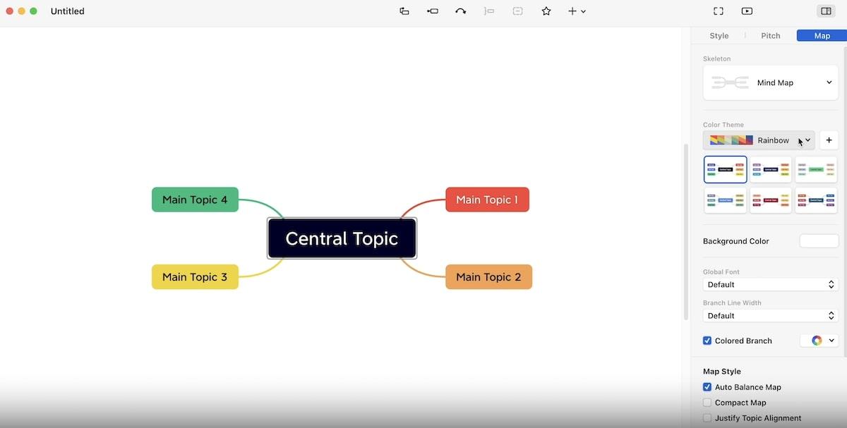 Alternativas do Coggle: exemplo de um mapa mental criado no Xmind