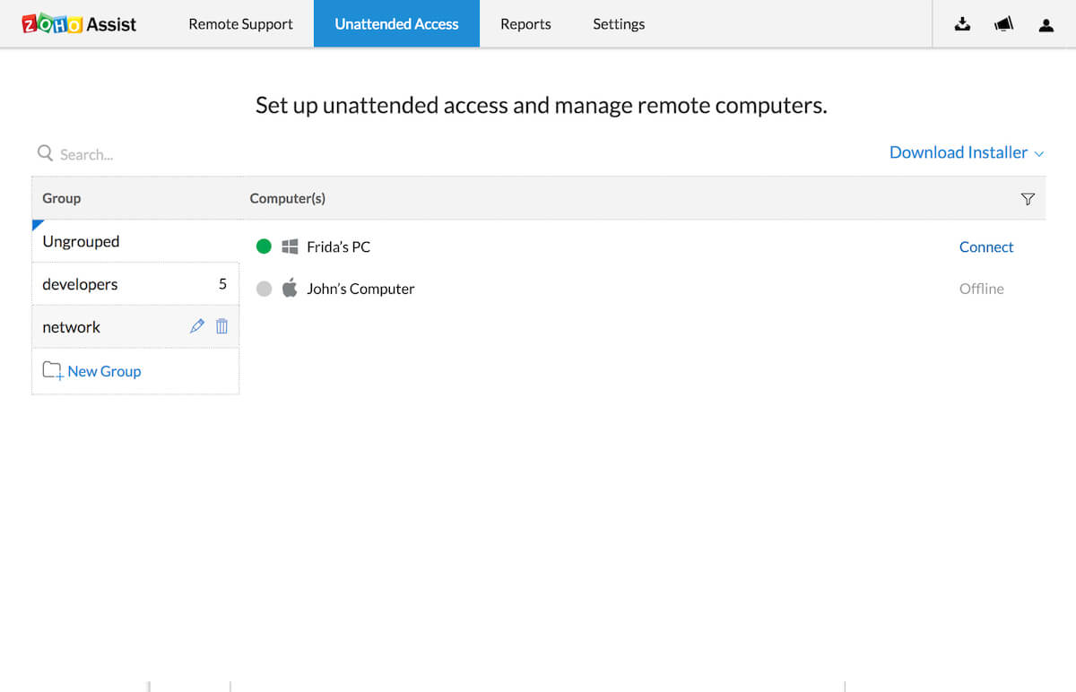 Página de acceso desatendido de Zoho Assist