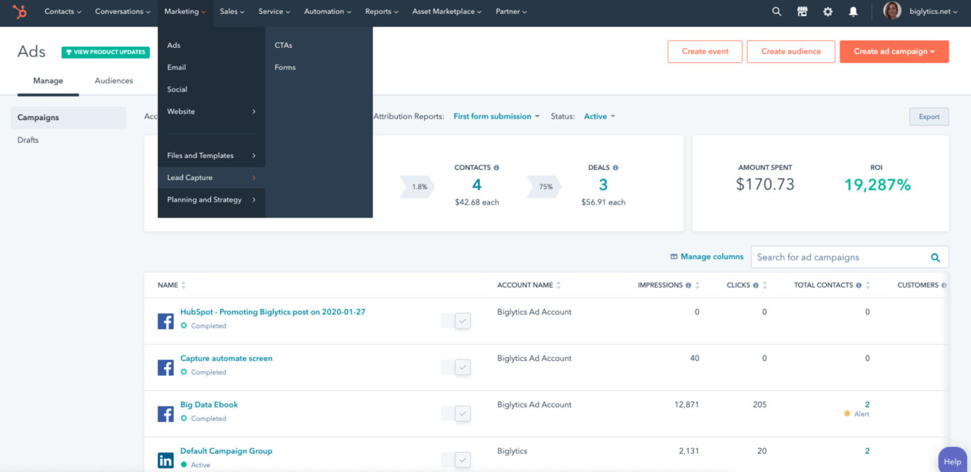 example of HubSpot's dashboard for marketing management tasks